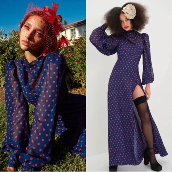 For Love & Lemons Mavis Polkadot Long Sleeve Blue and Red Maxi Dress Sz XS - Picture 1 of 13